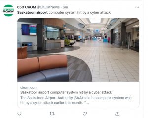 Saskatoon Airport Cyber Attack Tweet
