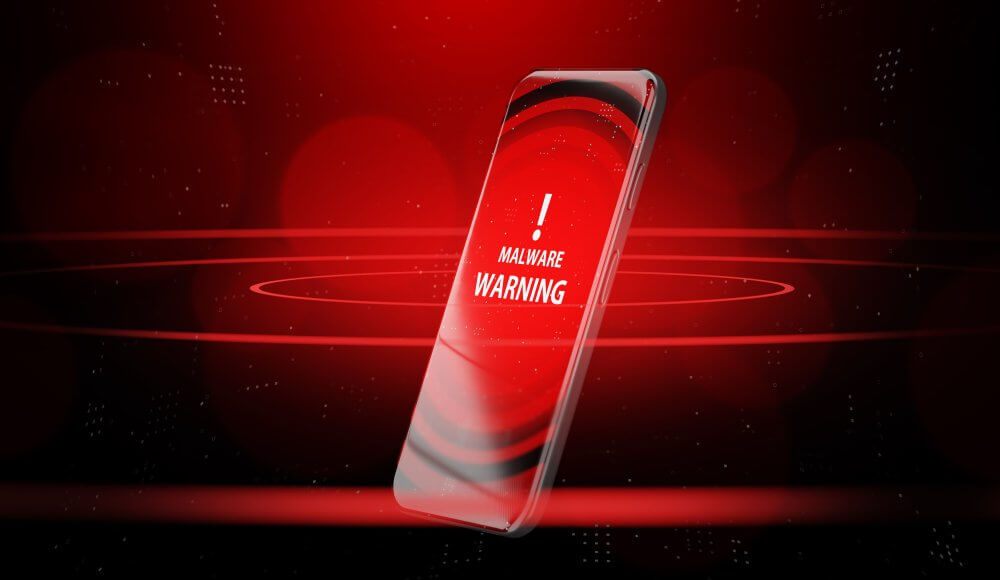 Phone with warning symbol cyber security concept