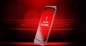Phone with warning symbol cyber security concept