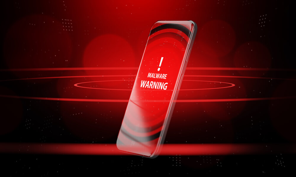Phone with warning symbol cyber security concept