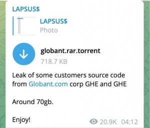 Image from Lapsus$ Telegram channel, showing that they stole source code from Globant