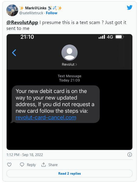 Fake Revolut phishing message