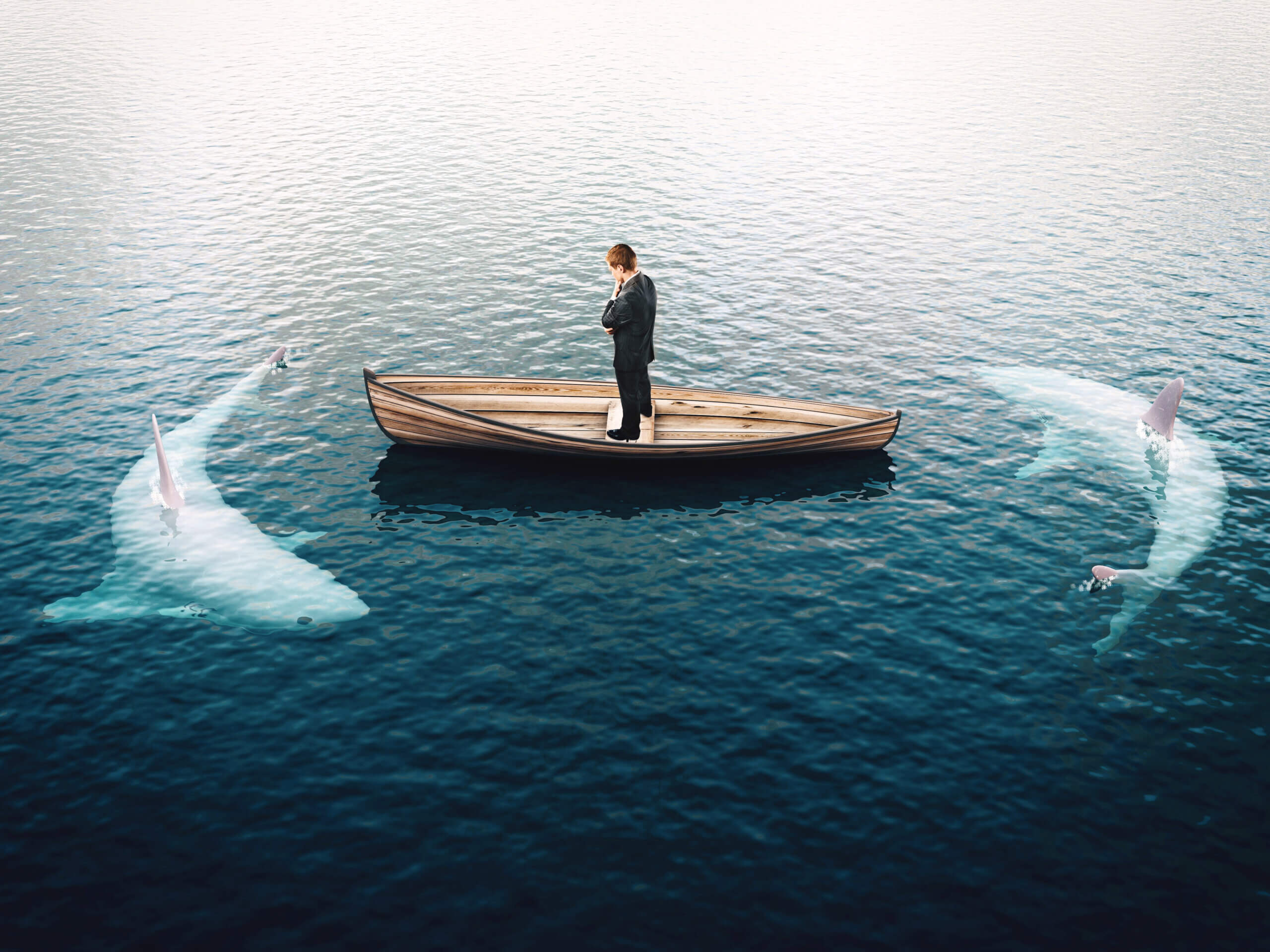 Business man surrounded by white sharks, concept art