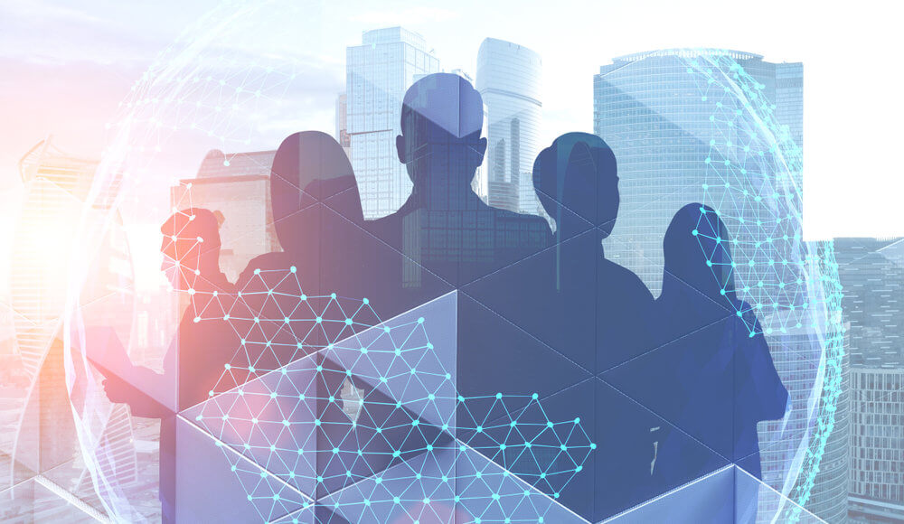 Silhouettes of business people, business decisions, data security concept art
