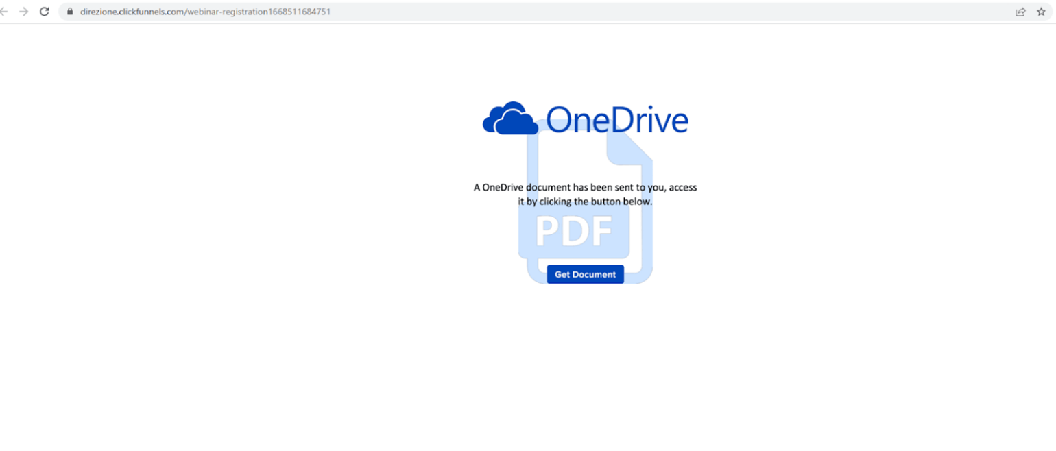 A fake OneDrive page that directs users to a malicious PDF download. (Image credit: Avanan)