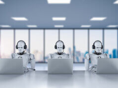 AI takes over jobs, robots typing on laptops in an office, concept art