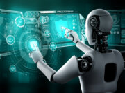 AI robot looking at a holographic screen