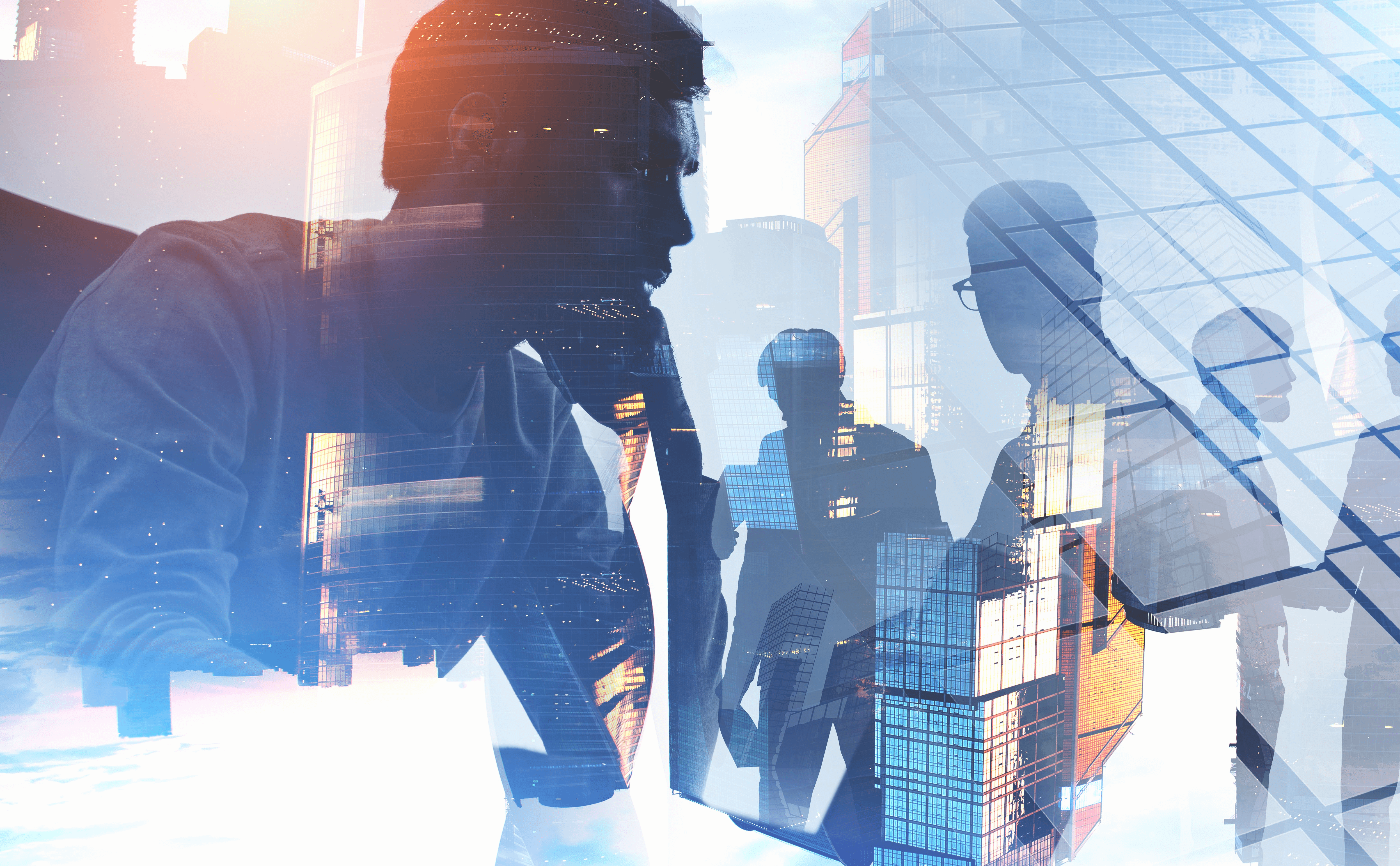 Thoughtful double-exposure image of man looking at computer-delivered insights