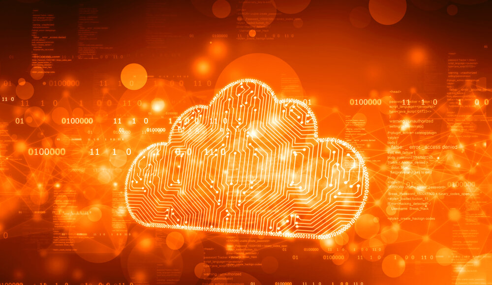 Cloud security concept art; cloud image with red, orange and yellow background