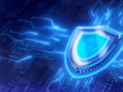 Cyber security shield concept art; protecting technology; blue design