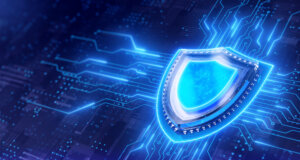 Cyber security shield concept art; protecting technology; blue design