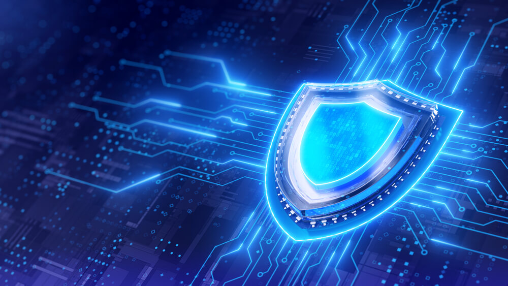 Cyber security shield concept art; protecting technology; blue design