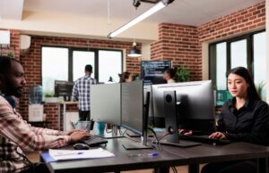 Cyber security team analyzing information and data