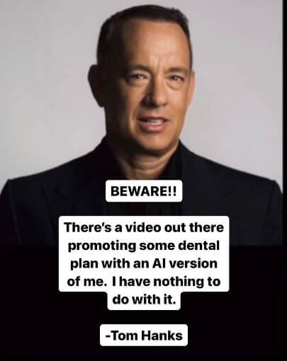Tom Hanks providing followers with a warning concerning fake video
