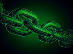 Blockchain cryptography concept art; digital, futuristic