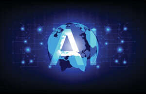 Artificial intelligence, connected globe with blue lights